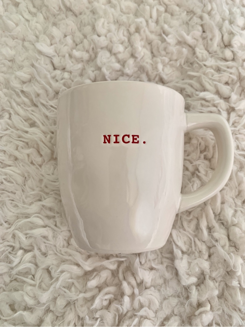 Rae Dunn White Basic Coffee Mug with Red "NICE." In Typewriter Lettering